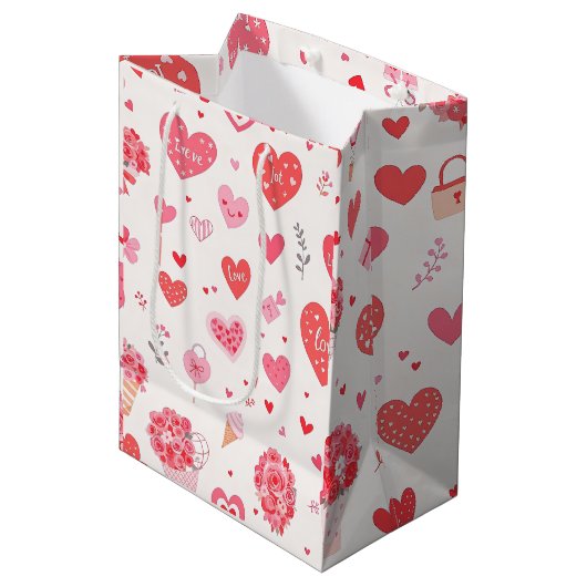 Sac Cadeau Moyen Charmante Valentine's Design avec Coeurs et Fleurs (Devant Angle)