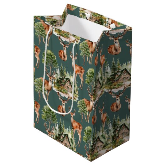 Sac Cadeau Moyen Chasse aux cerfs Noël Rustique (Devant Angle)
