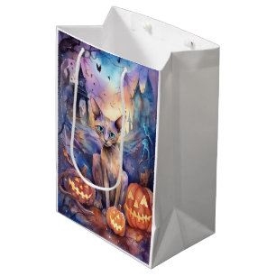 Sac Cadeau Moyen Chat Abyssinien Halloween avec Citrouilles