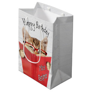 Sac Cadeau Moyen Chat avec lunettes et livre rouge Anniversaire