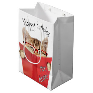 Sac Cadeau Moyen Chat avec lunettes et livre rouge Anniversaire