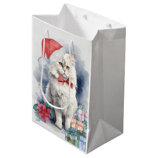 Sac Cadeau Moyen Chat blanc mignon à Santa Hat cadeaux Noël (Devant Angle)