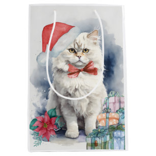 Sac Cadeau Moyen Chat blanc mignon à Santa Hat cadeaux Noël