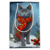 Sac Cadeau Moyen Chat bleu russe à Noël de neige (Devant)