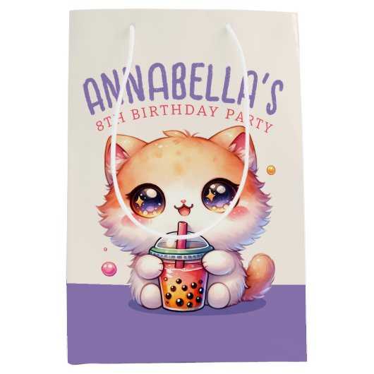 Sac Cadeau Moyen Chat Boire Boba Cute Bubble Thé (Devant)