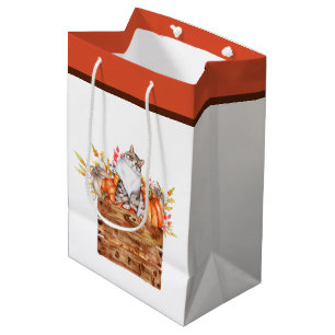 Sac Cadeau Moyen Chat d'automne et citrouilles dans une boîte 