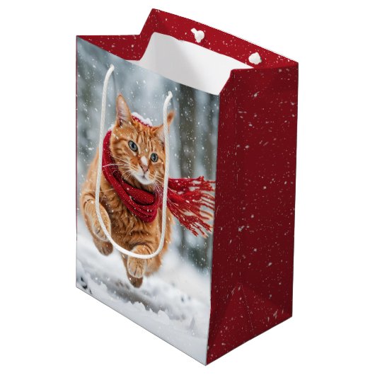 Sac Cadeau Moyen Chat De Gingembre Anniversaire Dans Les Snowflakes (Devant Angle)