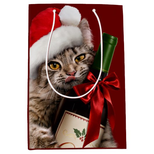 Sac Cadeau Moyen Chat De Noël À La Bouteille De Vin (Devant)