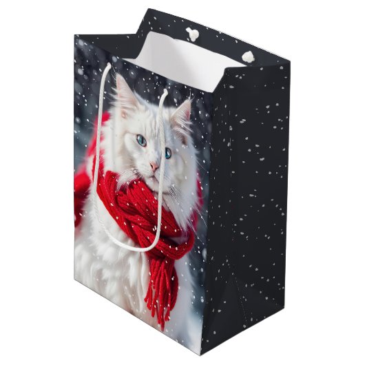Sac Cadeau Moyen Chat de Noël avec Écharpe et Snowflakes (Devant Angle)