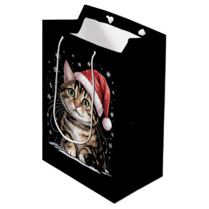 Sac Cadeau Moyen Chat de Noël Neige Chapeau de Père Noël Hiver