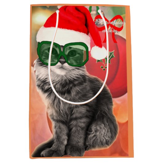 Sac Cadeau Moyen Chat de Noël sur un arrière - plan de bal de Noël (Devant)