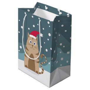 Sac Cadeau Moyen Chat drôle de Noël dans la forêt de flocons de nei
