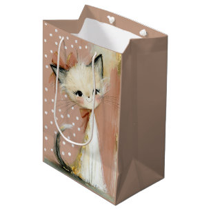 Sac Cadeau Moyen Chat en peinture feuille d'or rose terracotta