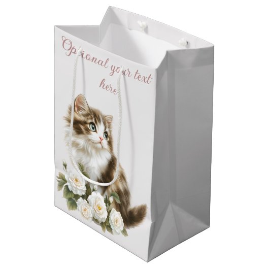 Sac Cadeau Moyen Chat et fleurs heureux désir d'anniversaire (Devant Angle)