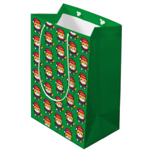 Sac Cadeau Moyen Chat Ginger de Noël en chapeau de Santa