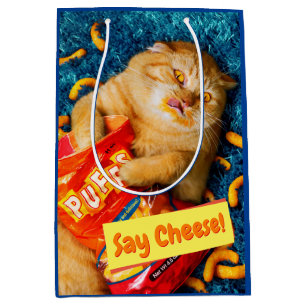 Sac Cadeau Moyen Chat mangeant des boulettes de fromage