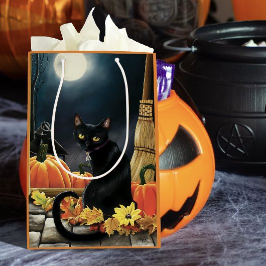 Sac Cadeau Moyen Chat noir automnal ensorcelant sous la lune