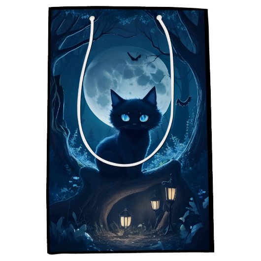 Sac Cadeau Moyen Chat noir en forêt Éffrayante (Devant)
