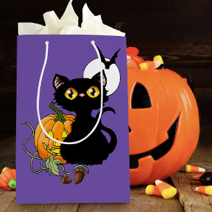 Sac Cadeau Moyen Chat noir mignon violet effrayant Halloween Citrou