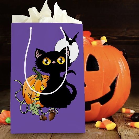 Sac Cadeau Moyen Chat noir violet Citrouille d'Halloween
