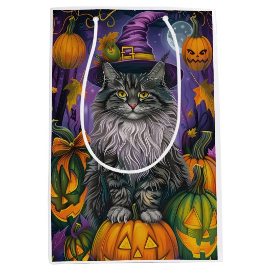 Sac Cadeau Moyen Chat Sibérien éffrayant Halloween sorcière et Citr (Devant)