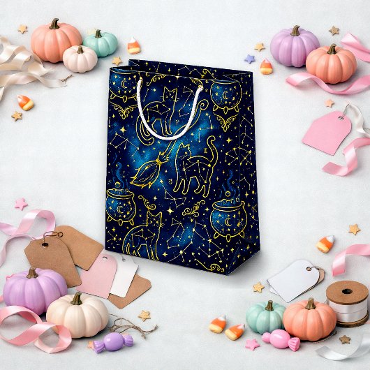 Sac Cadeau Moyen Chat sorcier sarcelle or astrologie