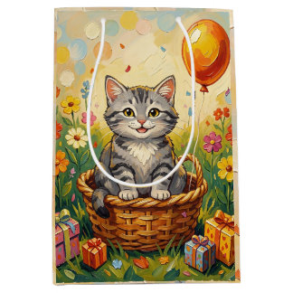 Sac Cadeau Moyen Chat tigré & Fleurs | Joyeux Anniversaire Fille