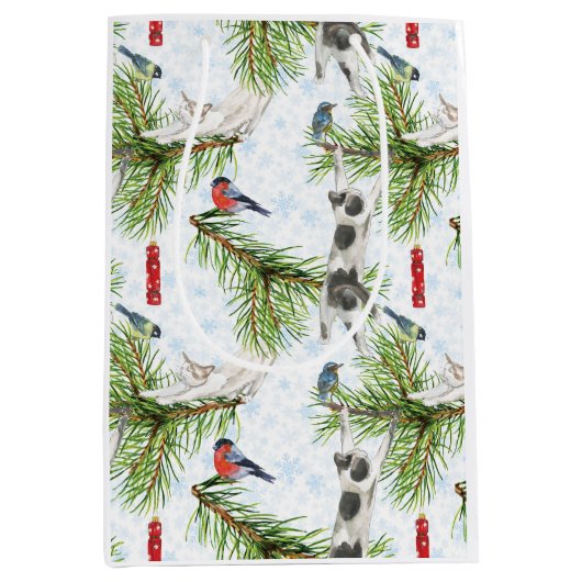 Sac Cadeau Moyen Chaton de Noël avec Oiseaux (Devant)