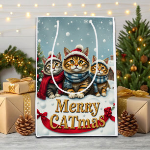 Sac Cadeau Moyen Chats dans l'attirail hivernal Preppy et Noël Casq