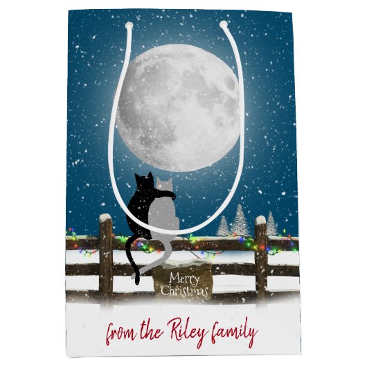 Sac Cadeau Moyen Chats de Noël sur la clôture avec la lune (Devant)
