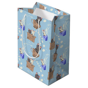 Sac Cadeau Moyen Chats en boîte et gouttes de lait sur bleu
