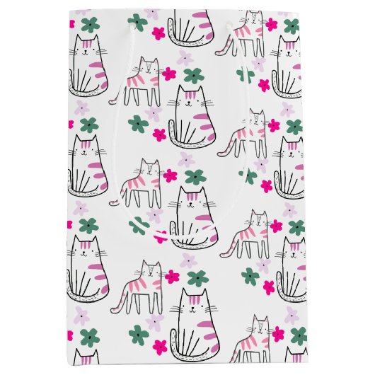 Sac Cadeau Moyen Chats et fleurs en blanc (Devant)