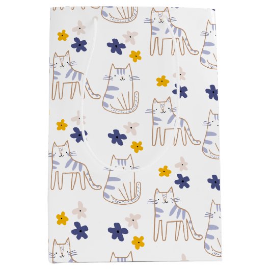 Sac Cadeau Moyen Chats et fleurs en blanc (Devant)