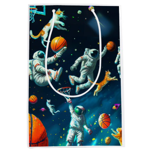 Sac Cadeau Moyen Chats jouant au basket-ball dans l'espace avec des (Devant)