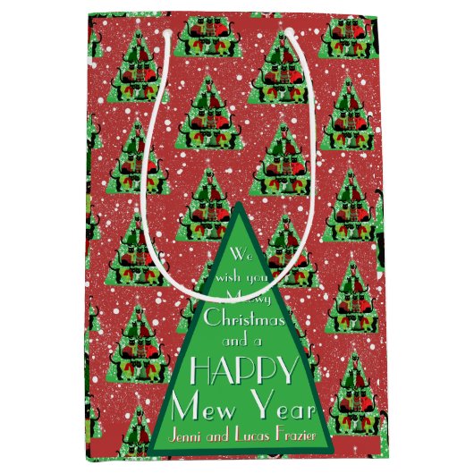 Sac Cadeau Moyen Chats noirs mignons en Sweaters Arbre de Noël Roug (Devant)