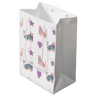 Sac Cadeau Moyen Chats roses mignons avec coeur et étoiles motif