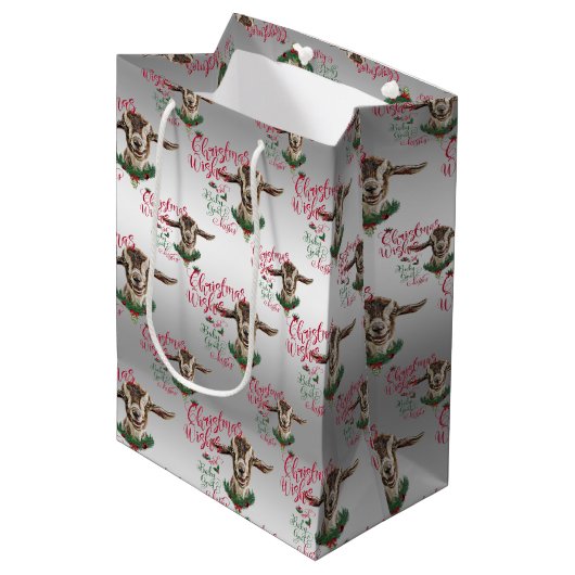 Sac Cadeau Moyen CHÈQUE | Souhaits de Noël Bébé Chèvre Baisers Basc (Devant Angle)