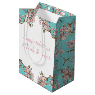 Sac Cadeau Moyen Cherry Blossom Turquoise Baby shower Vintage rétro