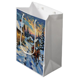 Sac Cadeau Moyen Cheval et traîneau vintage sur un Noël enneigé