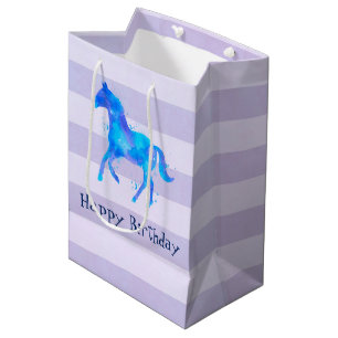 Sac Cadeau Moyen Cheval sauvage en Aquarelle bleu et violet Anniver