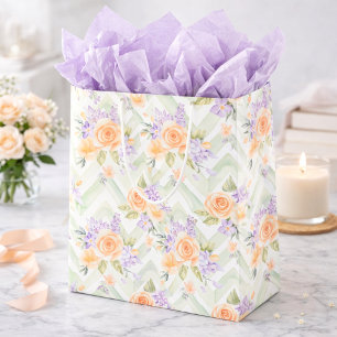 Sac Cadeau Moyen Chevron Floral Aquarelle Élégant Vert Violet