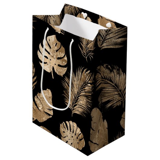 Sac Cadeau Moyen Chic Black Gold Tropical Feuilles (Devant Angle)