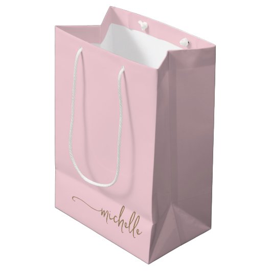 Sac Cadeau Moyen Chic Monogramme Nom Script Rose Poudré Or (Devant Angle)
