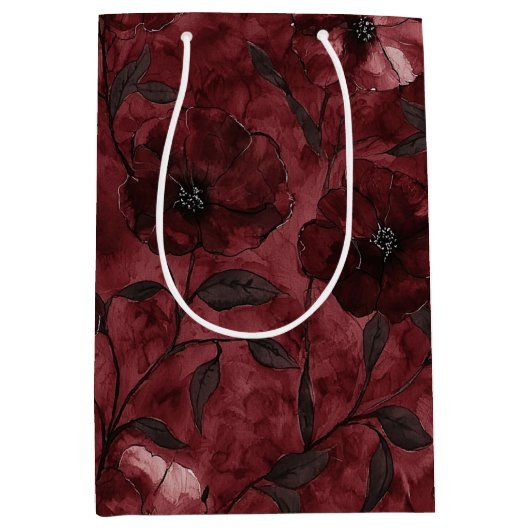 Sac Cadeau Moyen Chic Noir Bourguignon Rouge Floral Fête de Mariage (Devant)