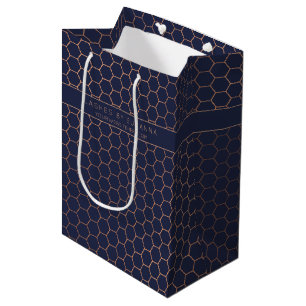 Sac Cadeau Moyen Chic Rose Gold Foil Marine Blue Geometry Corporate