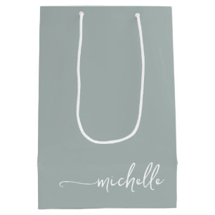 Sac Cadeau Moyen Chic Vert Sauge Monogramme Nom Script