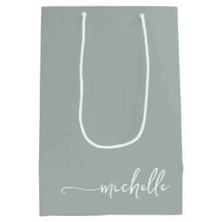 Sac Cadeau Moyen Chic Vert Sauge Monogramme Nom Script