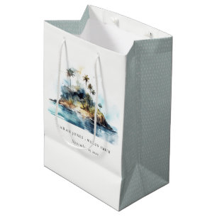 Sac Cadeau Moyen Chic Watercolor Seascape Palm Tree Island Mariage