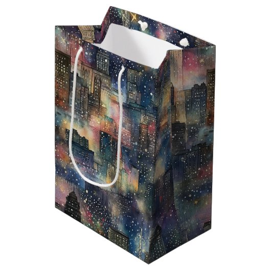 Sac Cadeau Moyen Chicago aux aquarelles de Noël et du Nouvel An (Devant Angle)