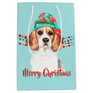 Sac Cadeau Moyen Chien beagle Santa Hat Perles à cordes de vacances